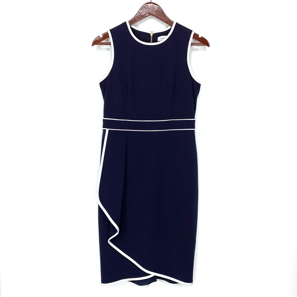Calvin Klein Coastal Navy Blue White Trim Modest Sleeveless Dress Size 4